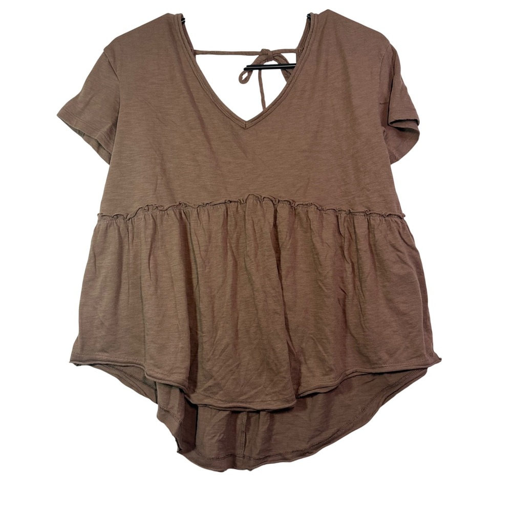 SO Brown Peplum Top V-Neck Tie Back Babydoll / Fairytale / Country Shirt XS